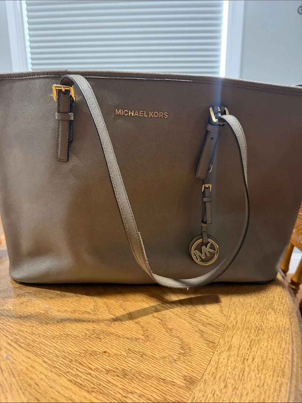 Michael Kors Taupe Saffiano Leather Tote with Gold Accents